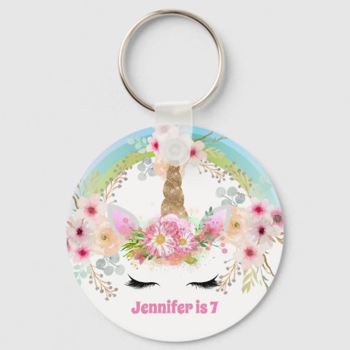 Girls UNICORN Birthday Keychain Face Pink Flowers