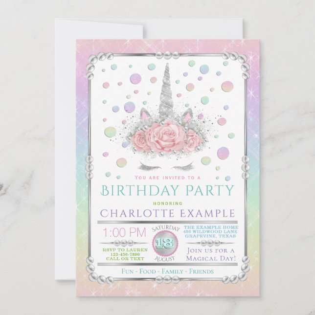 Girls Unicorn Birthday Party Invitations (Front)