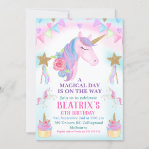 Girls Unicorn Cake Stars Birthday Invitation