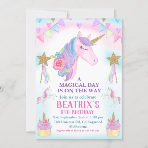 Girls Unicorn Cake Stars Birthday Invitation