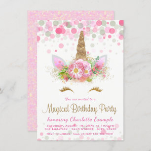 Girls Unicorn Face Birthday Party Invitations