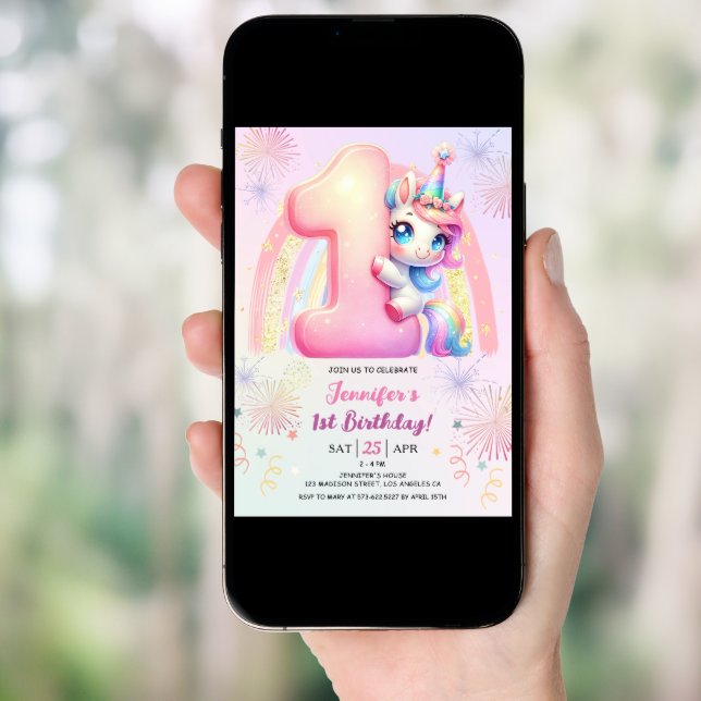 Girls Unicorn Magical Rainbow 1st Birthday Party Invitation (Front Digital)