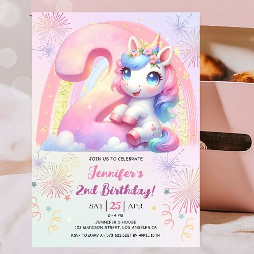 Girls Unicorn Magical Rainbow 2nd Birthday Party Invitation