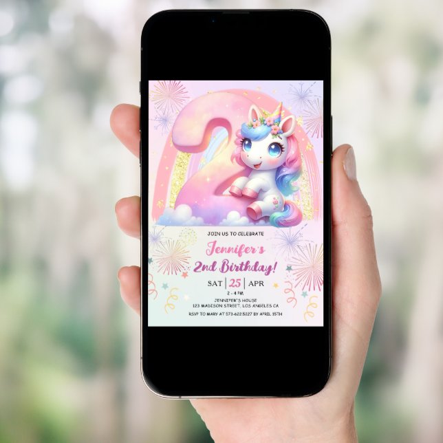 Girls Unicorn Magical Rainbow 2nd Birthday Party Invitation (Front Digital)