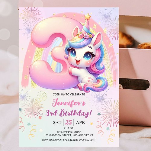 Girls Unicorn Magical Rainbow 3rd Birthday Party Invitation