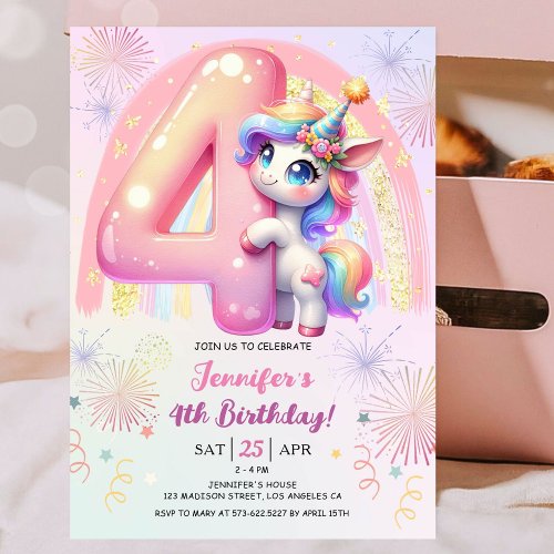 Girls Unicorn Magical Rainbow 4th Birthday Party Invitation