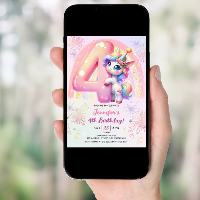 Girls Unicorn Magical Rainbow 4th Birthday Party Invitation (Front Digital)