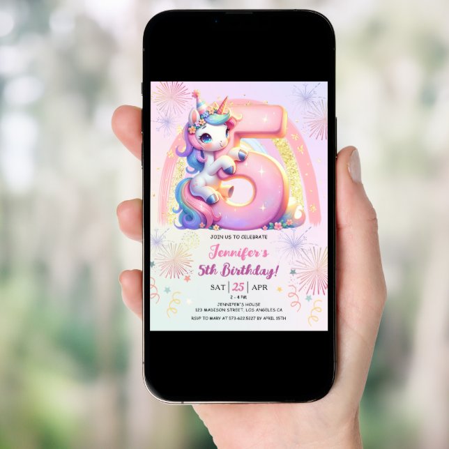 Girls Unicorn Magical Rainbow 5th Birthday Party Invitation (Front Digital)