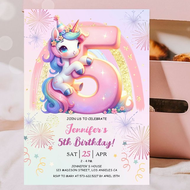 Girls Unicorn Magical Rainbow 5th Birthday Party Invitation (#UnicornBirthdayInvitation #UnicornBirthdayInvitationTemplate #UnicornBirthdayInvitationEditable)