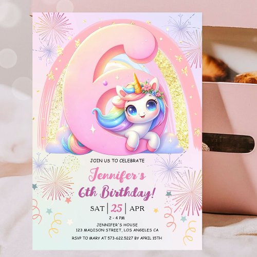 Girls Unicorn Magical Rainbow 6th Birthday Party Invitation