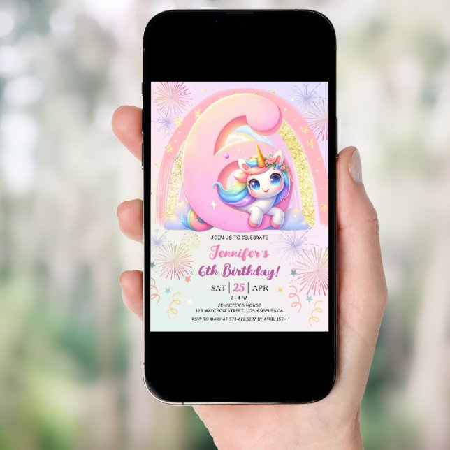 Girls Unicorn Magical Rainbow 6th Birthday Party Invitation (Front Digital)
