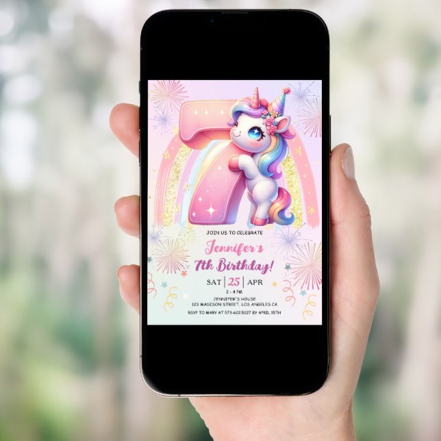 Girls Unicorn Magical Rainbow 7th Birthday Party Invitation (Front Digital)