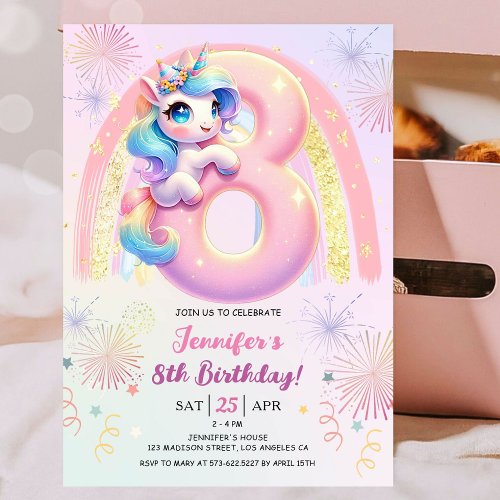 Girls Unicorn Magical Rainbow 8th Birthday Party Invitation