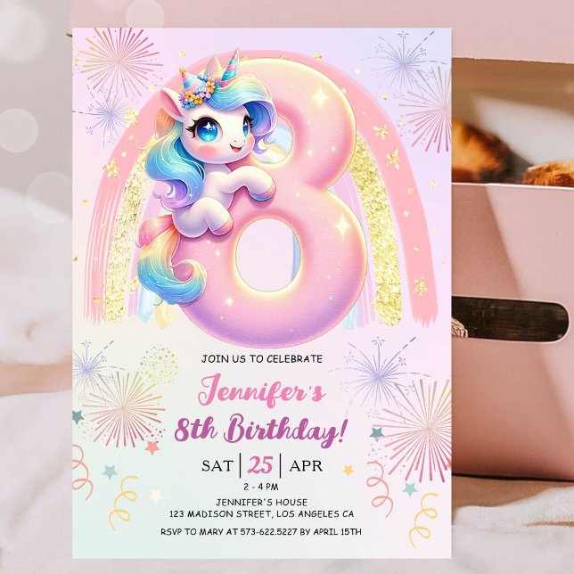 Girls Unicorn Magical Rainbow 8th Birthday Party Invitation (#UnicornBirthdayInvitation #UnicornBirthdayInvitationTemplate #UnicornBirthdayInvitationEditable)