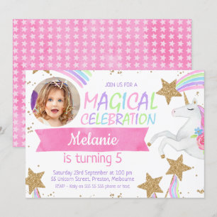 Girls Unicorn Photo Birthday Invitation