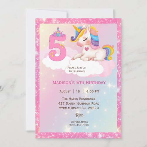 Girls Unicorn Rainbow Glitter 5th Birthday Party   Invitation