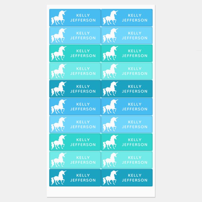 Girls Unicorn School Daycare Waterproof Blue Green Kids' Labels (Sheet)