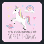 Girls Unicorn 'This Book Belongs' Kids Bookplate<br><div class="desc">This adorable kids 'this book belongs to' bookplate sticker design features a cute unicorn cartoon,  a planet,  stars,  crown,  rainbow and hearts,  and can be personalized with your girls name. The perfect pink magical themed addition to your kids school supplies.</div>