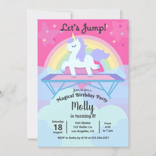 Girls Unicorn Trampoline Jump Birthday Party Invitation