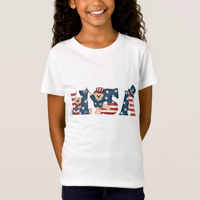 Girl's USA Teddy Bears Baby Doll T-Shirt (Front)
