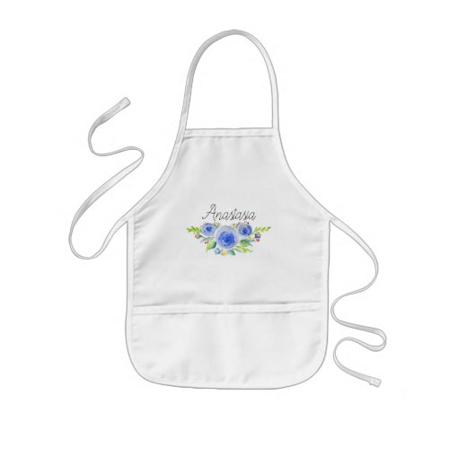 Girls Vintage Blue Watercolor Flowers with Name Kids Apron