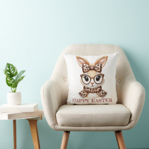 Girls' Vintage Easter Charm: Chic Bunny T-Shirt Throw Pillow