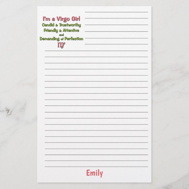 Girl's Virgo Zodiac with Name and Lines Stationery (Front)