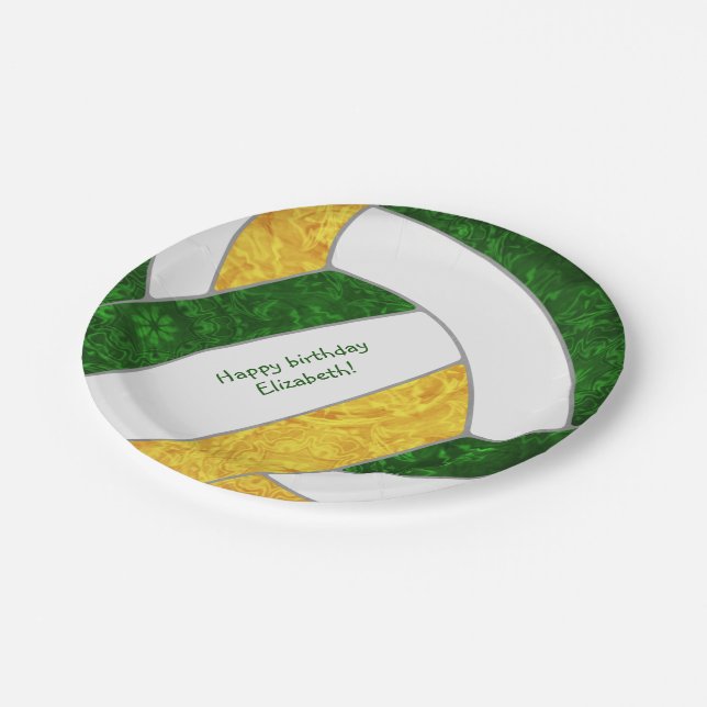 girl's volleyball birthday party green gold paper plates (Angled)