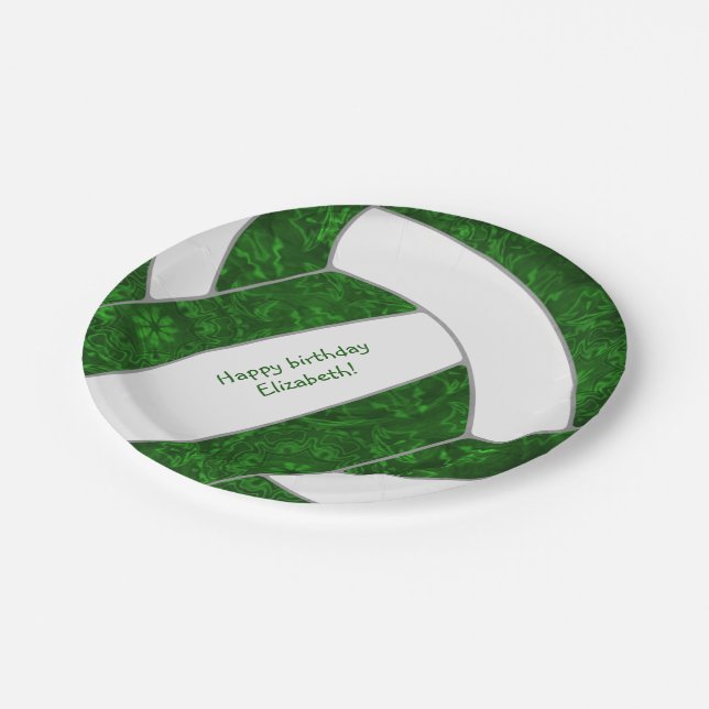girl's volleyball birthday party green white paper plates (Angled)