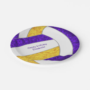 girl's volleyball birthday party purple gold paper plates