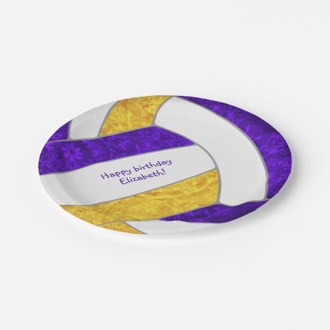 girl's volleyball birthday party purple gold paper plates (Angled)