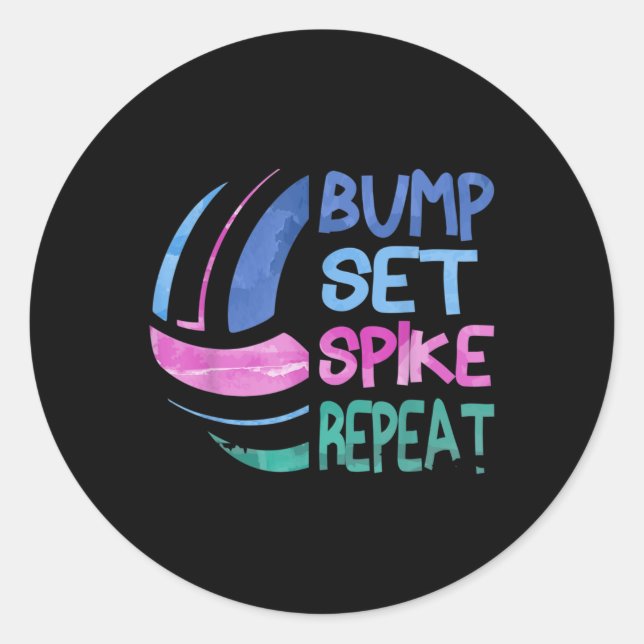 Girls Volleyball Bump Set Spike Repeat Blue Purple Classic Round Sticker (Front)