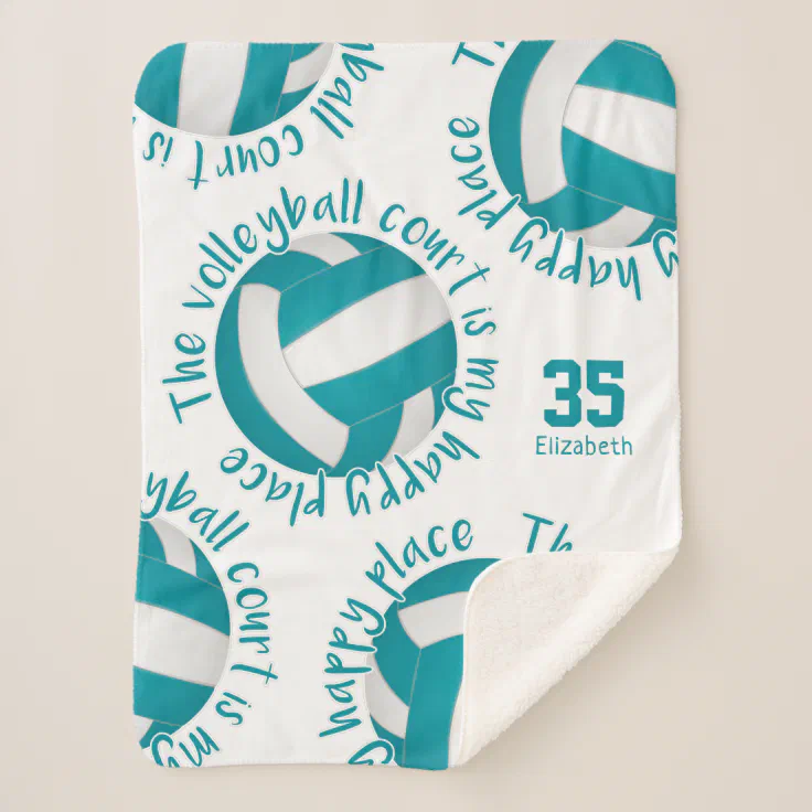 girls volleyball court happy place teal gray sherpa blanket Zazzle