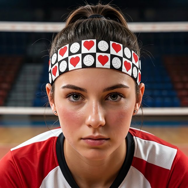 Girls Volleyball Hearts Checkered Cute Sports Team Athletic Headband (Cute volleyballs and hearts checkered headband for volleyball players and teams.)