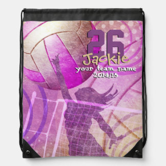 Girls' Volleyball Player jumping at net Drawstring Bag