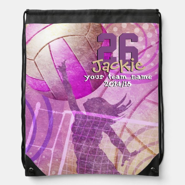 Girls' Volleyball Player jumping at net Drawstring Bag (Front)
