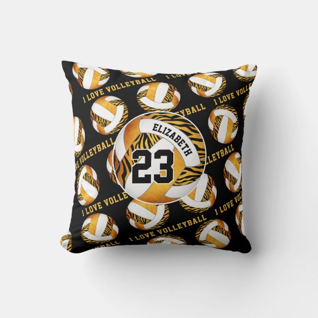 girls volleyball w zebra stripes gold personalized throw pillow (Front)
