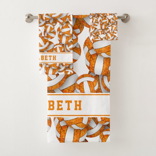 Girls volleyballs pattern personalized orange bath towel set (Insitu)