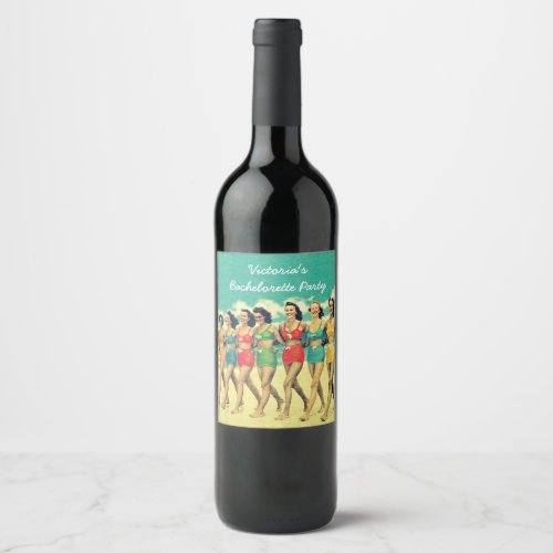 Girls walking down the beach retro wine label