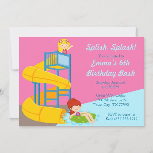 Girls Water Slide Birthday _ Water Park Pool Party Invitation