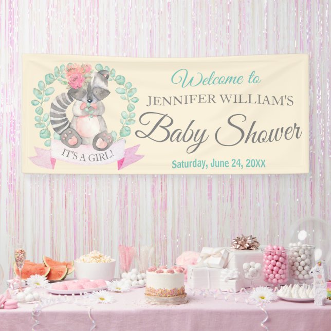 Girls Watercolor Baby Raccoon Baby Shower Banner (Party)