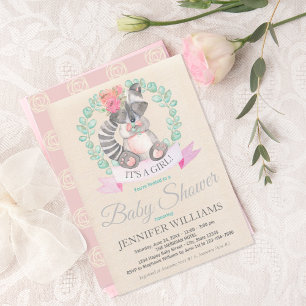Girls Watercolor Baby Raccoon Baby Shower Invitation