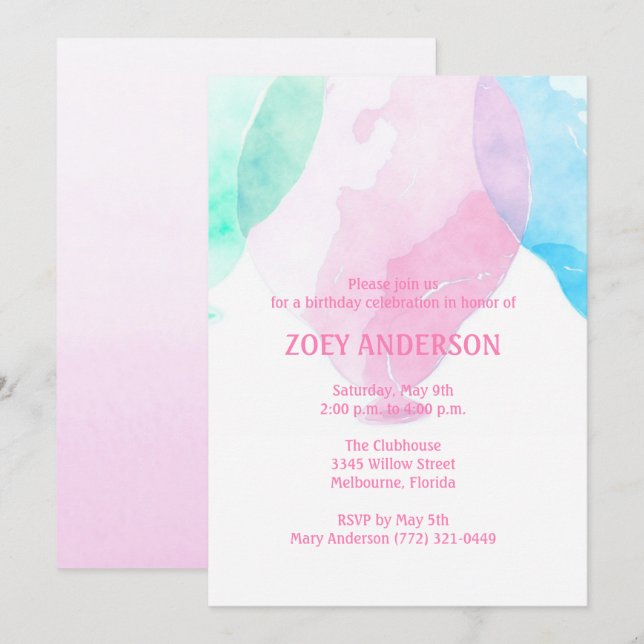 Girl's Watercolor Balloon Birthday Party Invite (Front/Back)