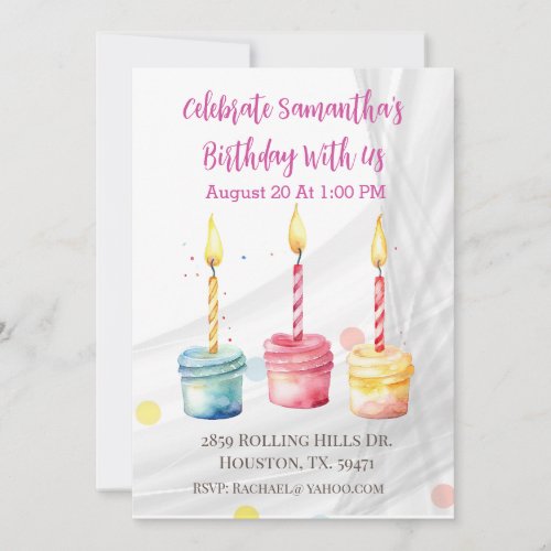 Girls Watercolor Cup Cakes Birthday Invitation