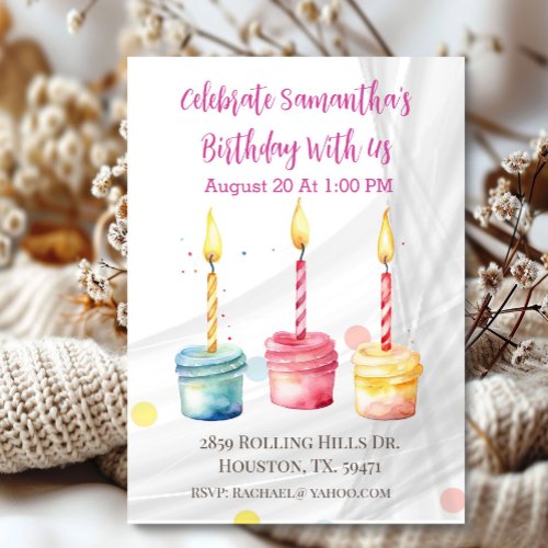 Girls Watercolor Cup Cakes Birthday Invitation