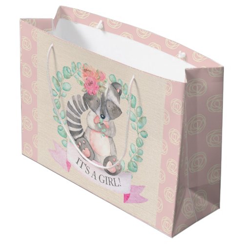 Girls Watercolor Floral Baby Raccoon Baby Shower Large Gift Bag