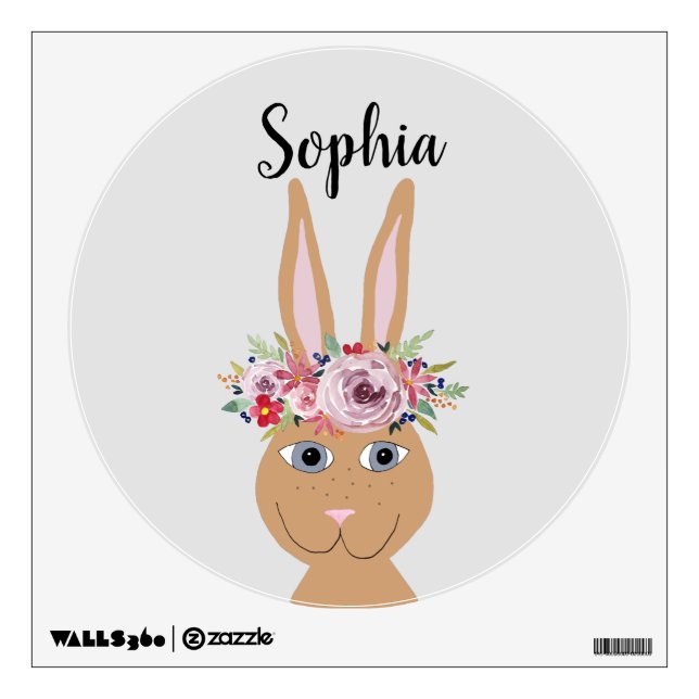 Girls Watercolor Floral Bunny Rabbit and Name Wall Decal (Front)