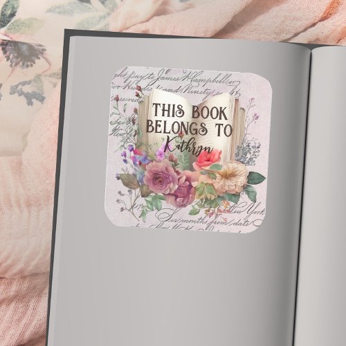 Girls Watercolor Floral This Book Belongs To Square Sticker