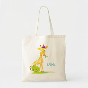 Girls Watercolor Giraffe Personalized Cute Animal Tote Bag