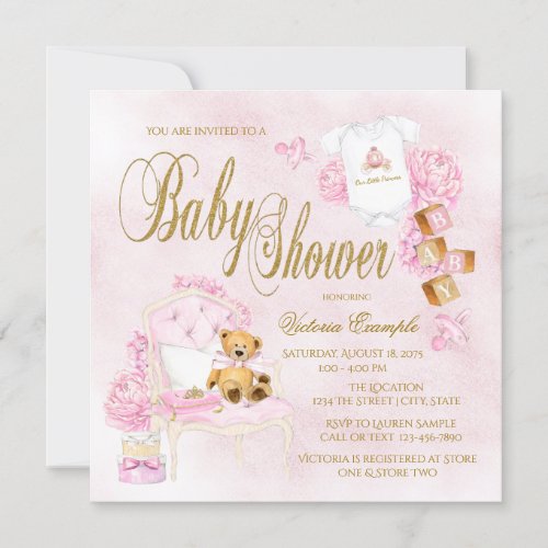 Girls Watercolor Pink Gold Baby Shower Invitations